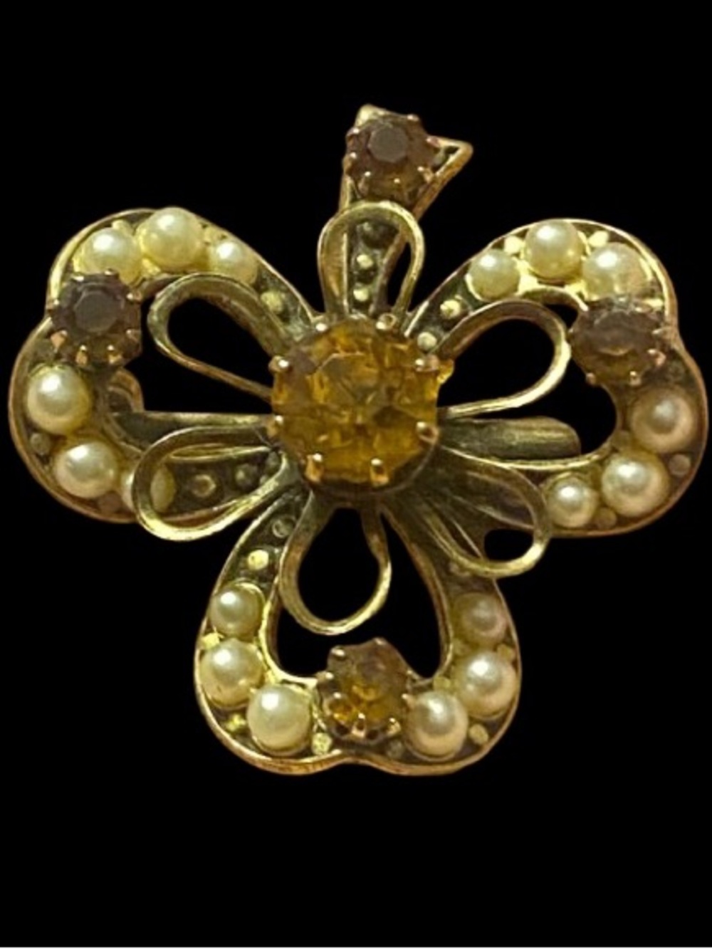 Vintage Gold Tone Coro Brooch 3-Leaf Clover Amber/ Topas Rhinestones Faux Pearls
